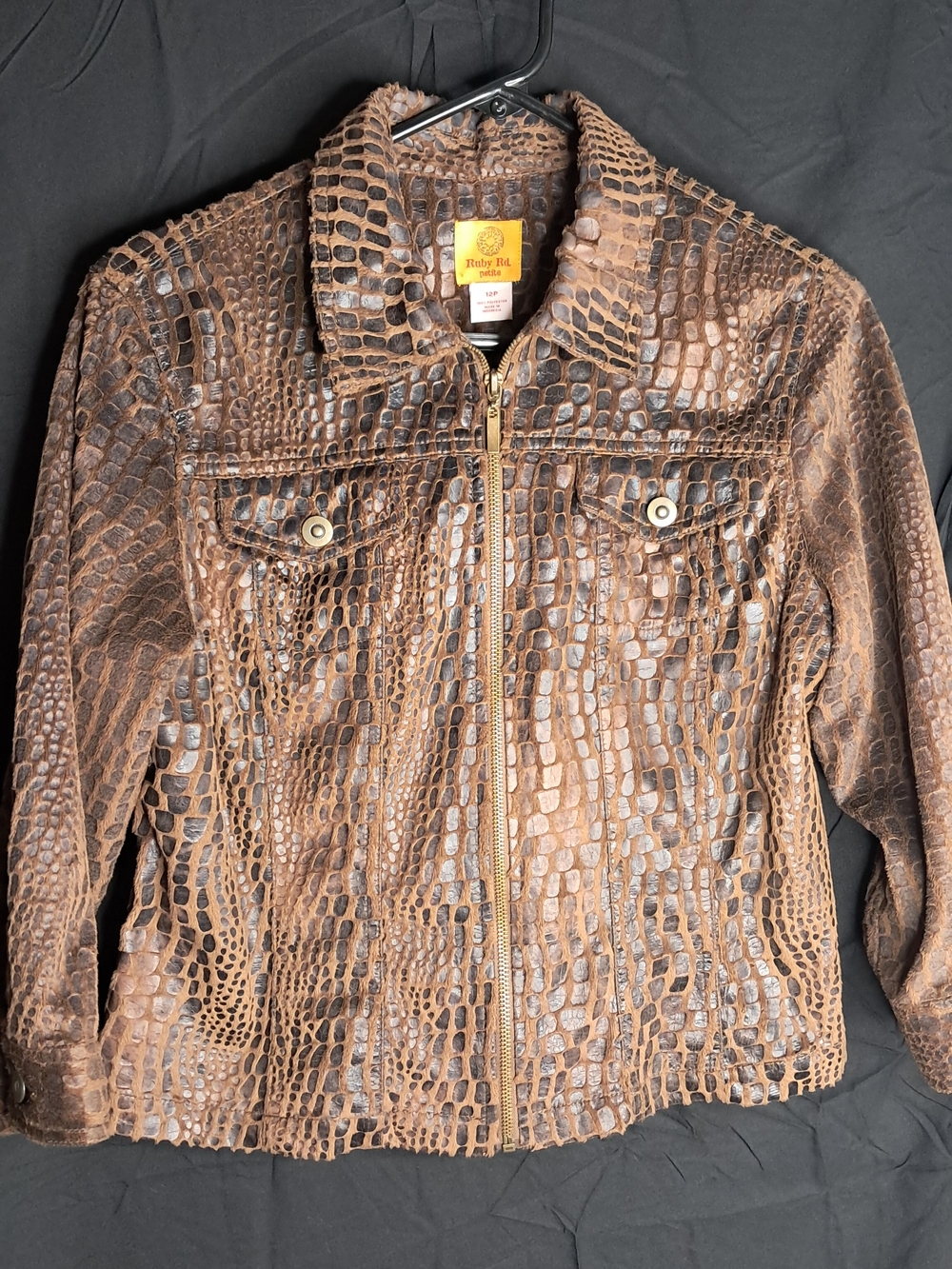 Ruby Red Animal Print Jacket Women's Sz 12P Textured Fabric Full Zip